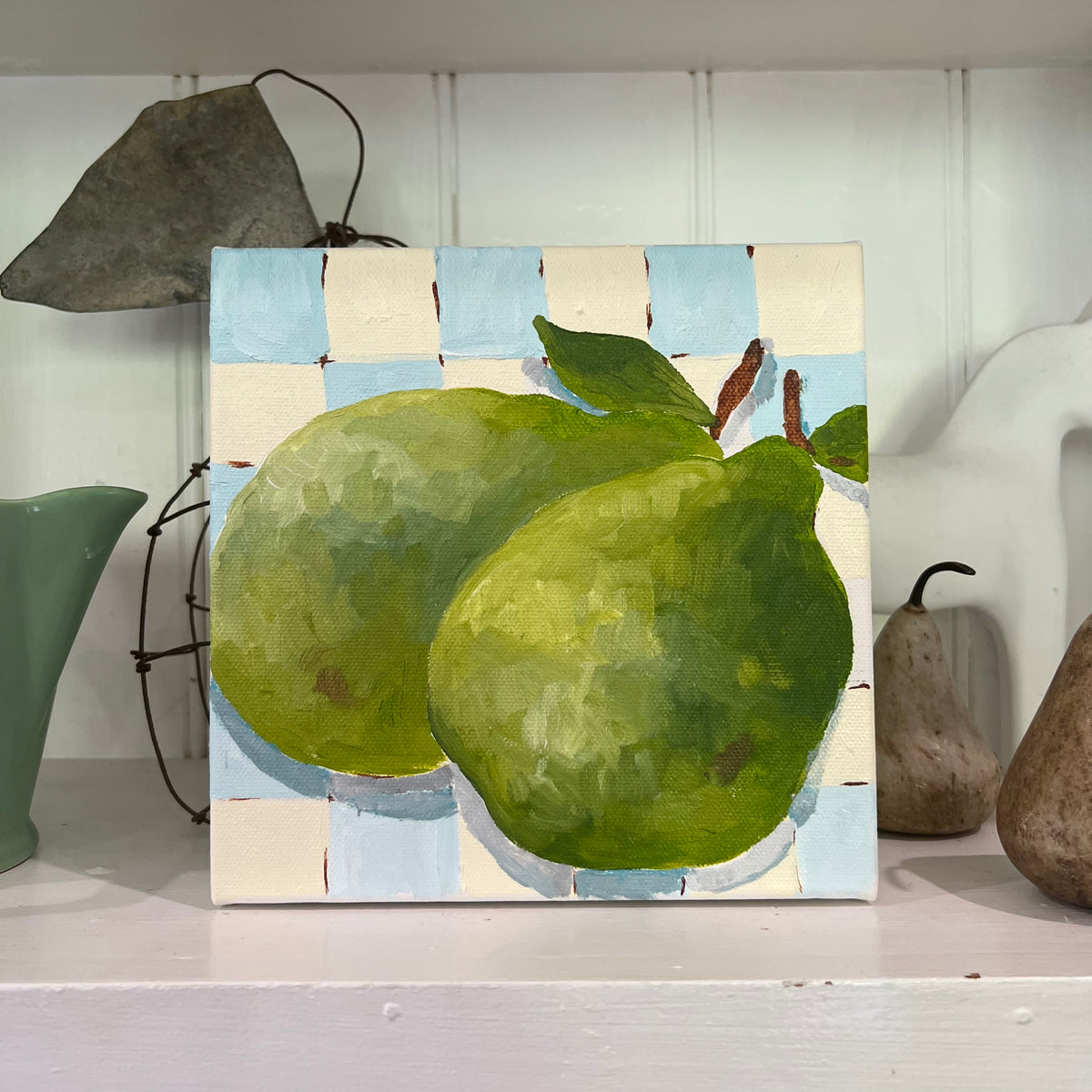 “Pears on cream + pale blue check”