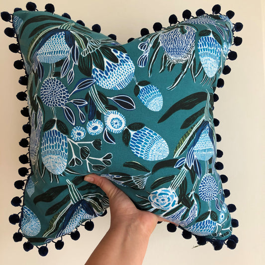 Locally handmade cushion with bobble trim 45x45cm
